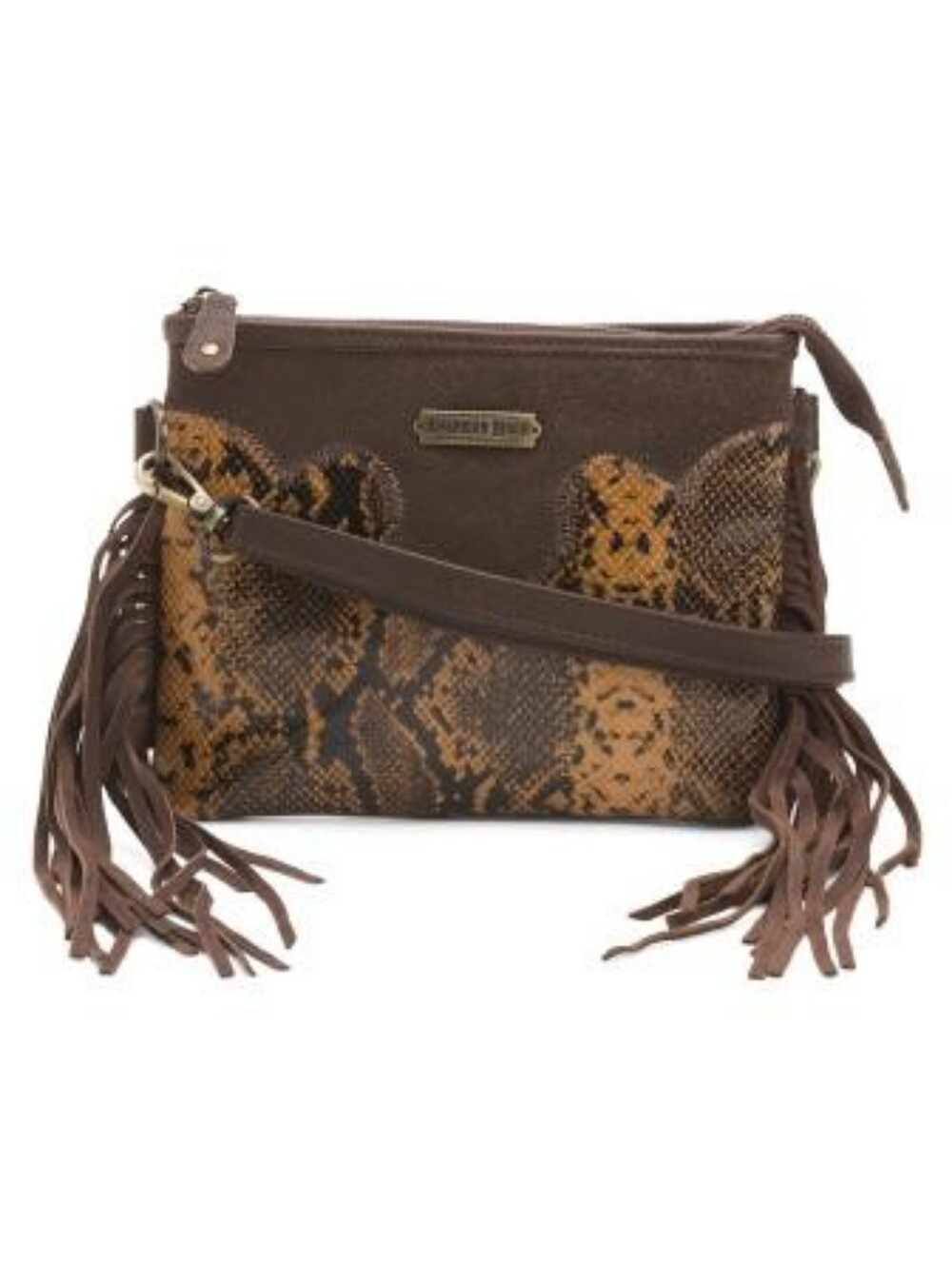 AMERICAN BISON Leather Fringe Slim Crossbody W/ Snake Print Embellishment